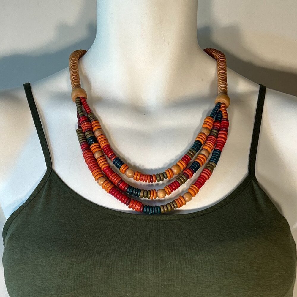 Vintage Wood Bead Necklace Boho Western Handmade Cottage Prairie Ranch
